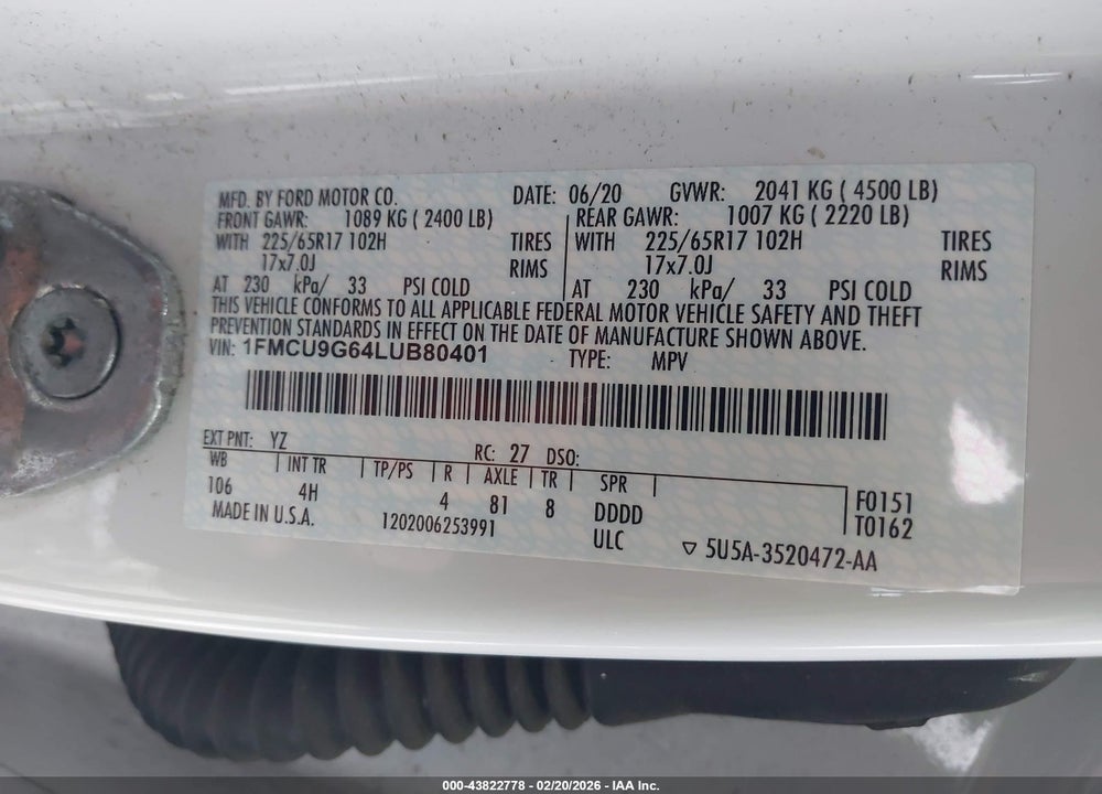 2020 FORD ESCAPE SE VIN: 1FMCU9G64LUB80401