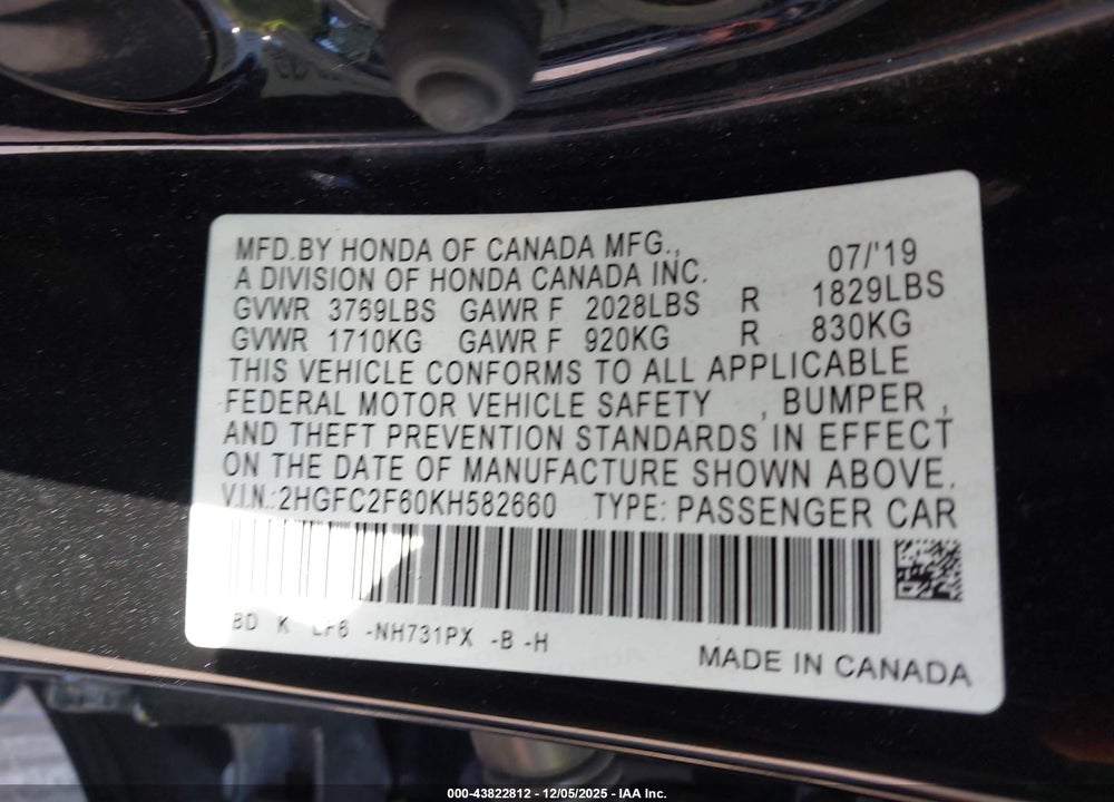 2019 HONDA CIVIC LX VIN: 2HGFC2F60KH582660