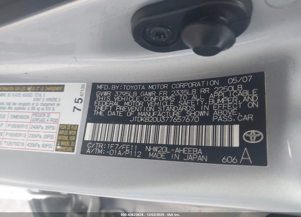 2007 TOYOTA PRIUS VIN: JTDKB20U377657670