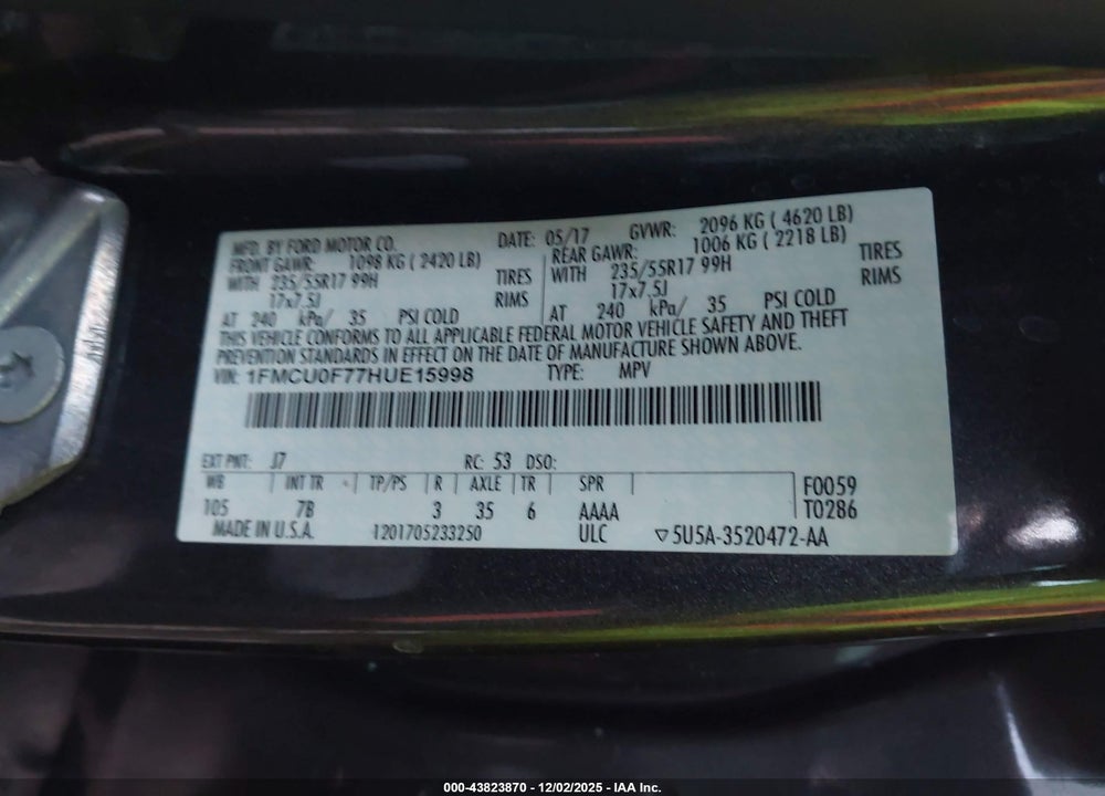 2017 FORD ESCAPE S VIN: 1FMCU0F77HUE15998