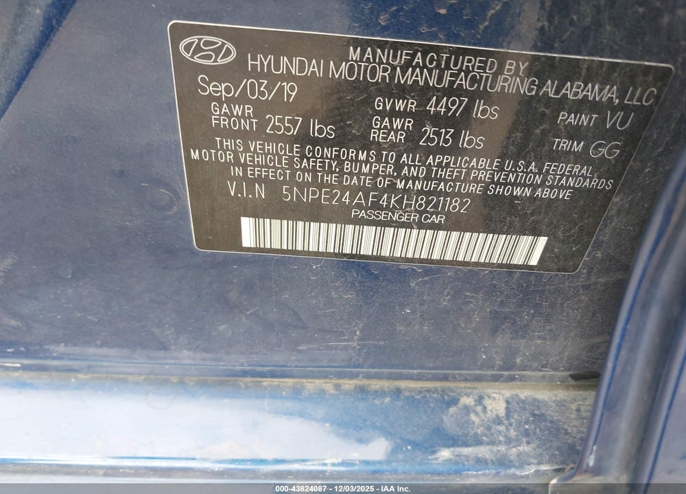 2019 HYUNDAI SONATA SE VIN: 5NPE24AF4KH821182