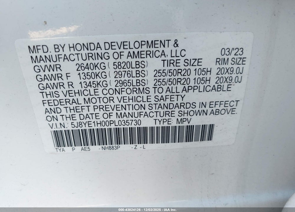 2023 ACURA MDX A-SPEC VIN: 5J8YE1H00PL035730