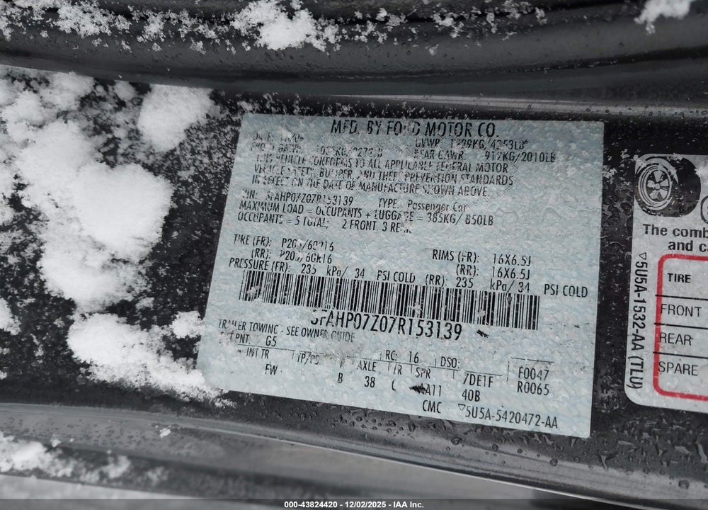 2007 FORD FUSION VIN: 3FAHP07Z07R153139