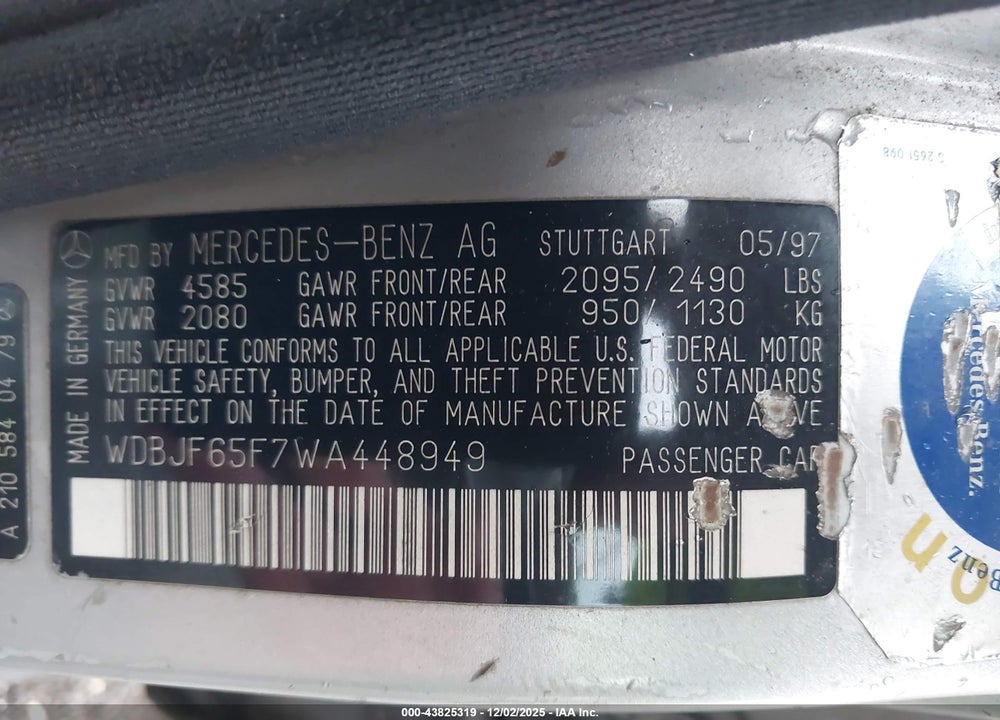 1998 MERCEDES-BENZ E 320 VIN: WDBJF65F7WA448949