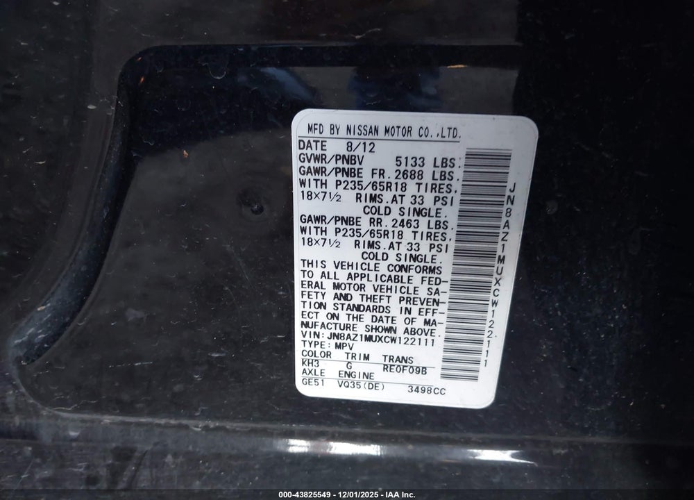 2012 NISSAN MURANO SL VIN: JN8AZ1MUXCW122111