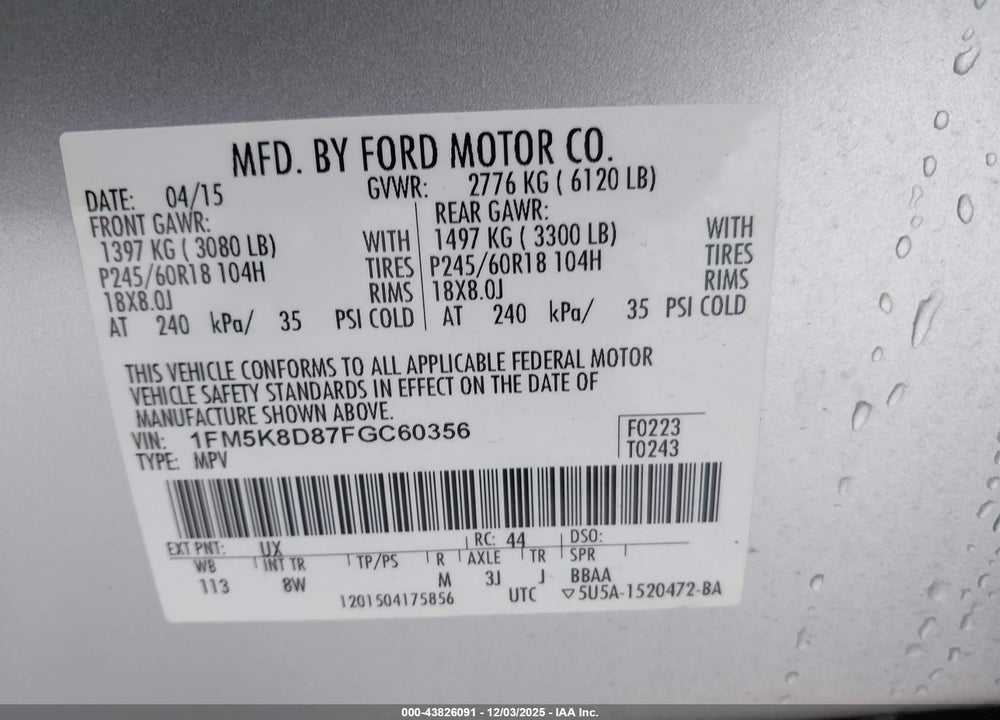 2015 FORD EXPLORER XLT VIN: 1FM5K8D87FGC60356