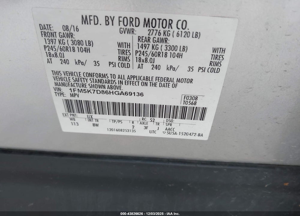2017 FORD EXPLORER XLT VIN: 1FM5K7D86HGA69136