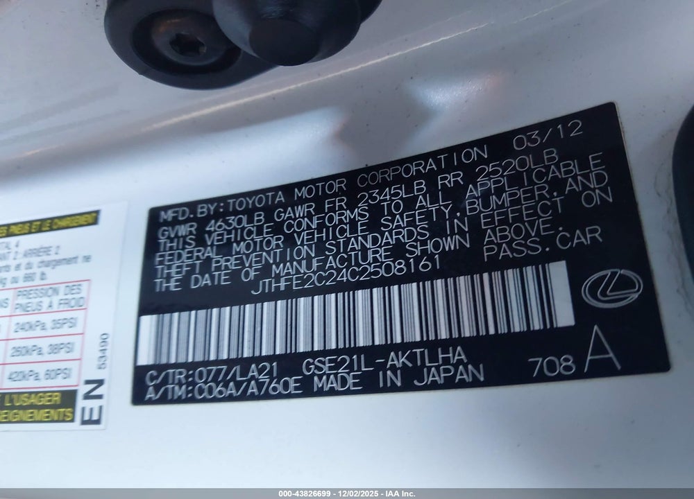 2012 LEXUS IS 350C VIN: JTHFE2C24C2508161