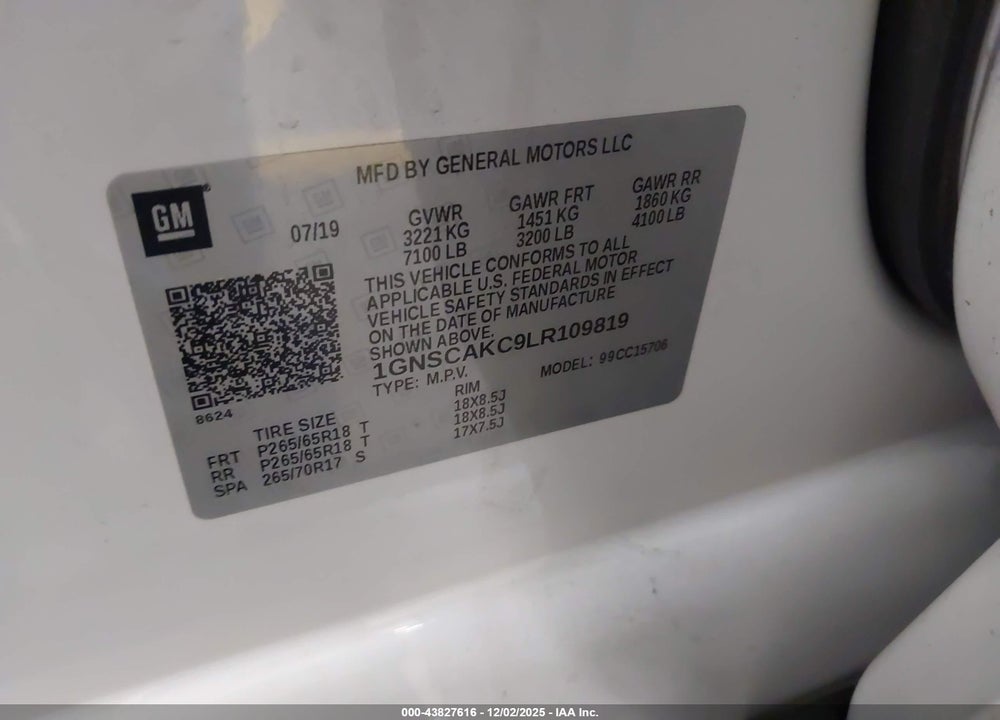 2020 CHEVROLET TAHOE 2WD LS VIN: 1GNSCAKC9LR109819
