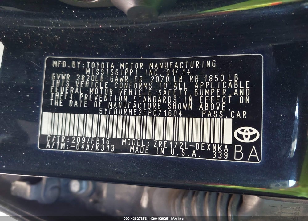 2014 TOYOTA COROLLA LE PLUS VIN: 5YFBURHE2EP071604