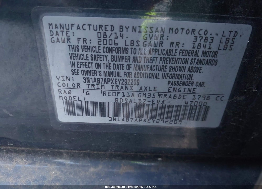 2014 NISSAN SENTRA SV VIN: 3N1AB7APXEY292209