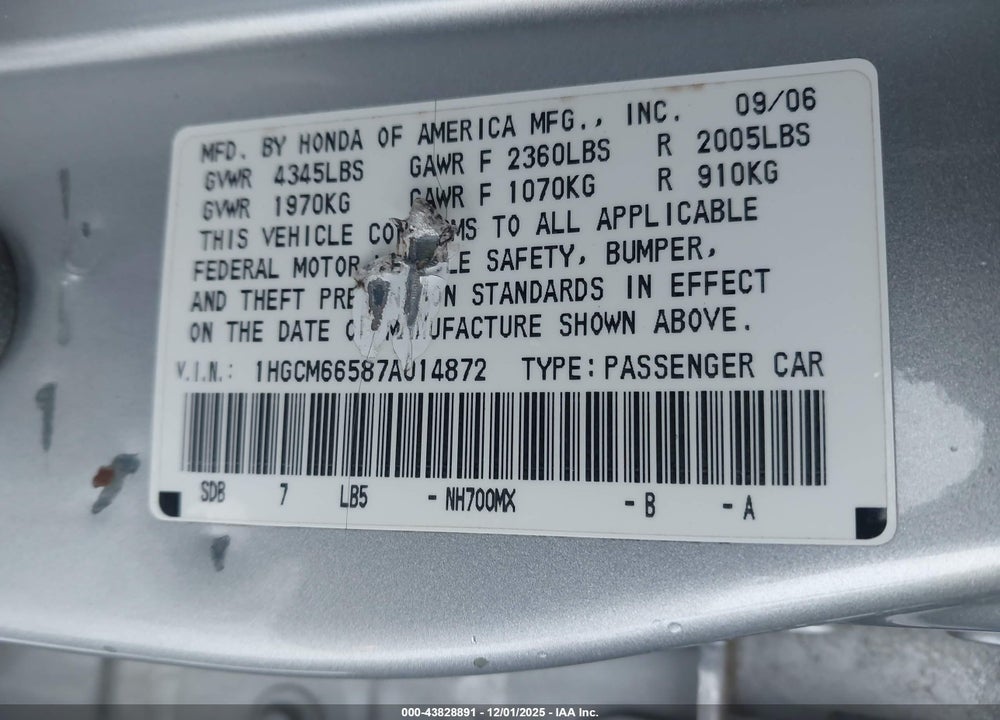 2007 HONDA ACCORD 3.0 EX VIN: 1HGCM66587A014872