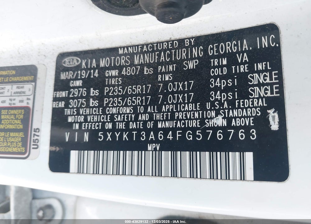 2015 KIA SORENTO LX VIN: 5XYKT3A64FG576763