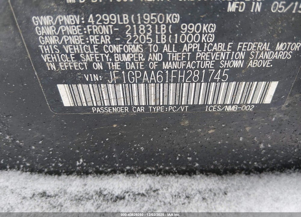 2015 SUBARU IMPREZA 2.0I VIN: JF1GPAA61FH281745