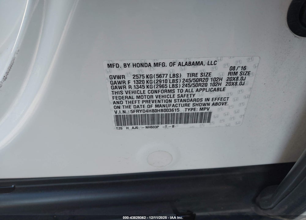2017 ACURA MDX ADVANCE PACKAGE VIN: 5FRYD4H80HB003615