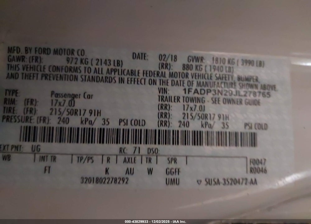 2018 FORD FOCUS TITANIUM VIN: 1FADP3N29JL278765
