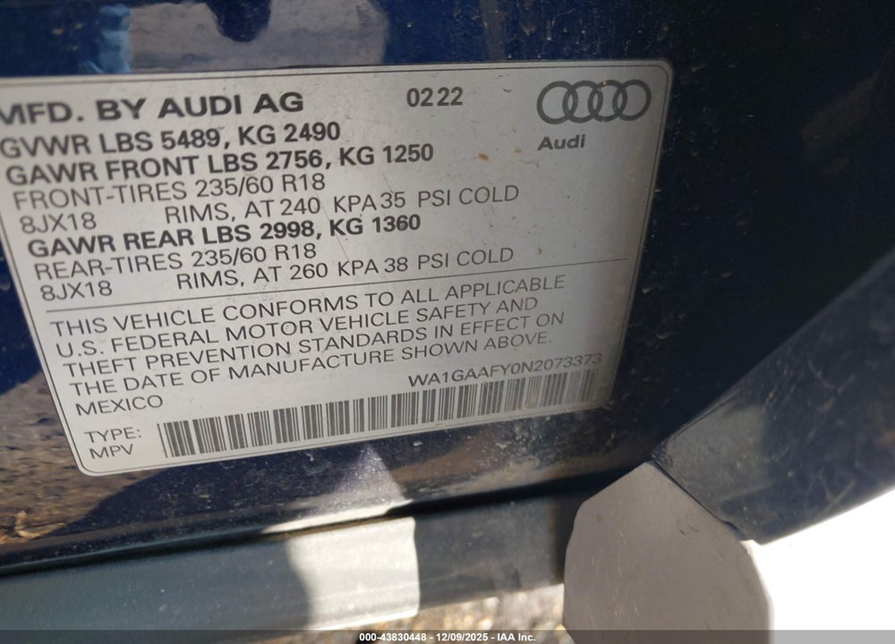 2022 AUDI Q5 PREMIUM 45 TFSI S LINE QUATTRO S TRONIC VIN: WA1GAAFY0N2073373