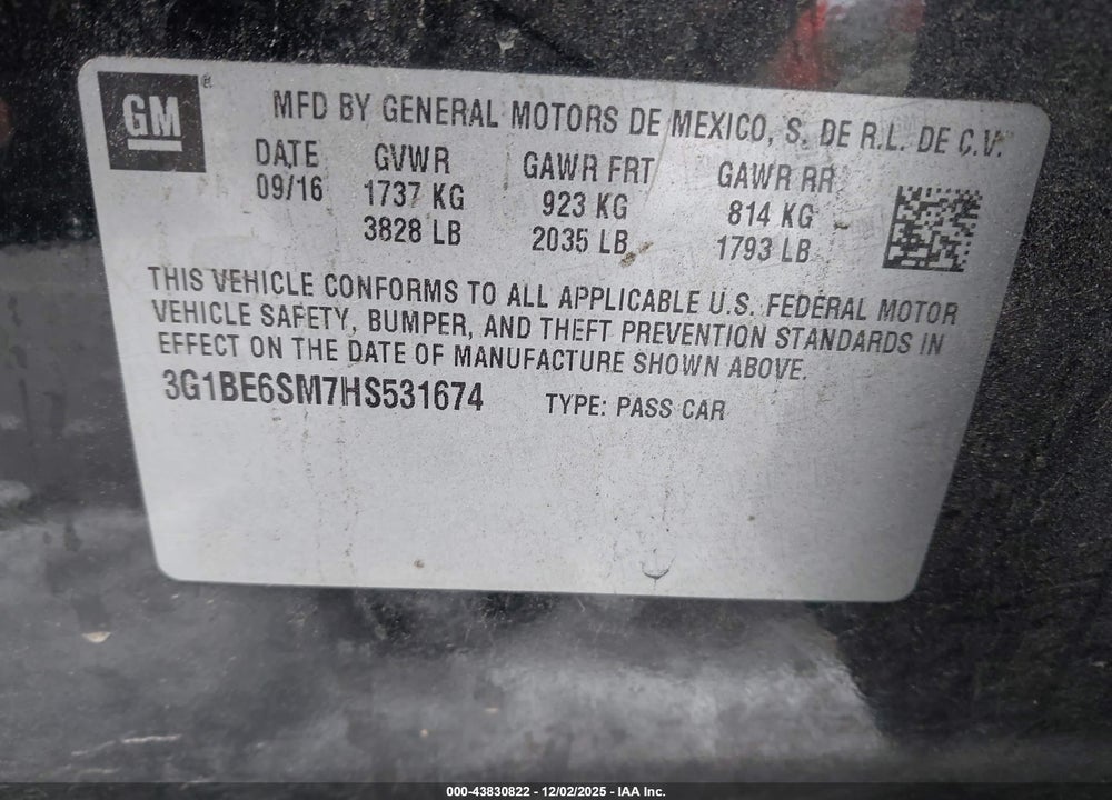 2017 CHEVROLET CRUZE LT AUTO VIN: 3G1BE6SM7HS531674