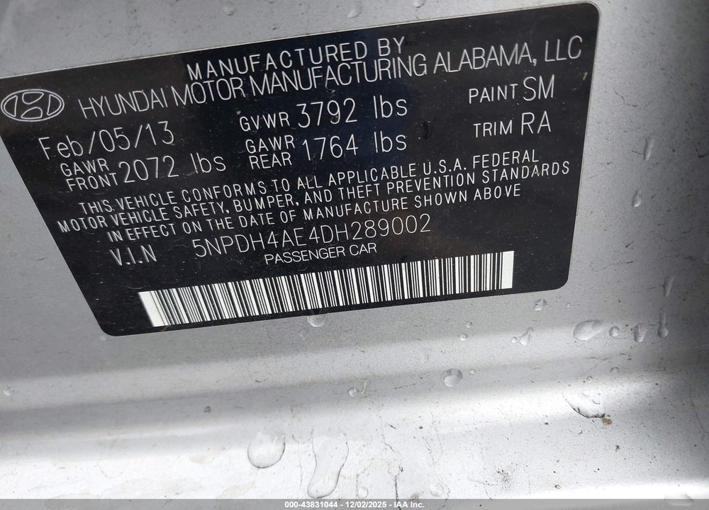 2013 HYUNDAI ELANTRA GLS VIN: 5NPDH4AE4DH289002
