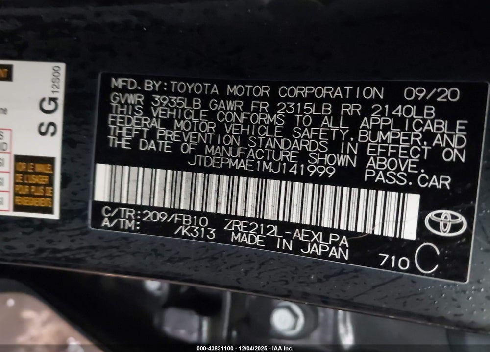 2021 TOYOTA COROLLA LE VIN: JTDEPMAE1MJ141999