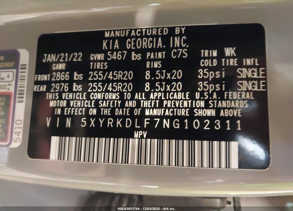 2022 KIA SORENTO X-LINE SX PRESTIGE VIN: 5XYRKDLF7NG102311