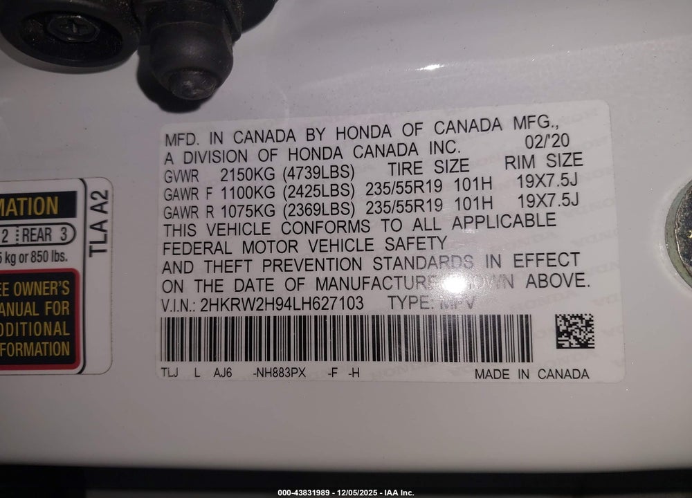 2020 HONDA CR-V AWD TOURING VIN: 2HKRW2H94LH627103