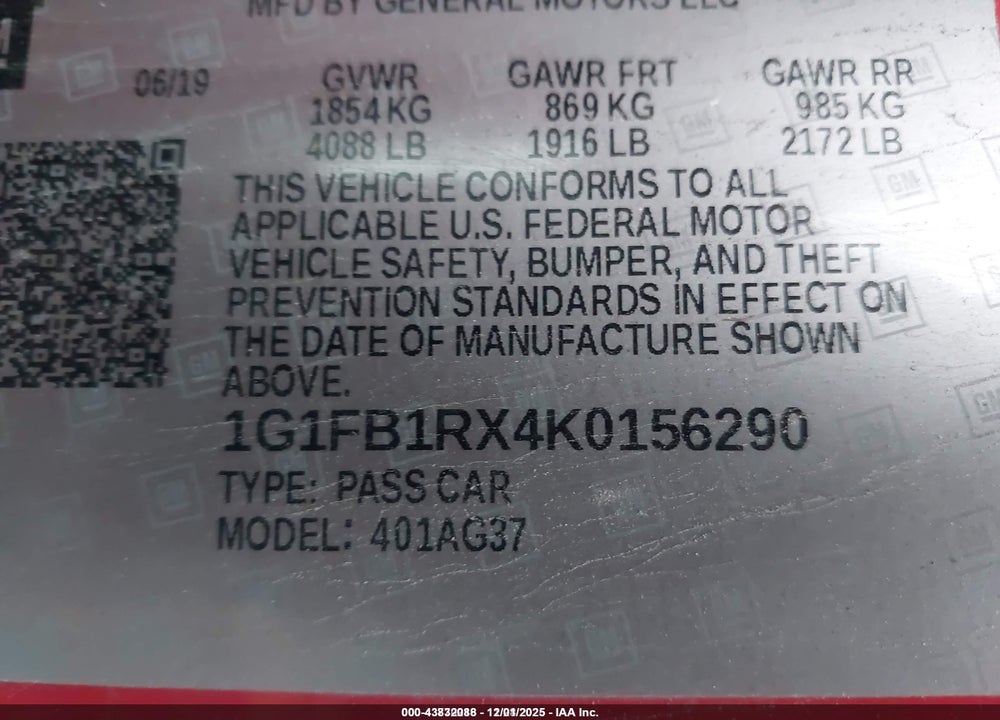 2019 CHEVROLET CAMARO 1LS VIN: 1G1FB1RX4K0156290