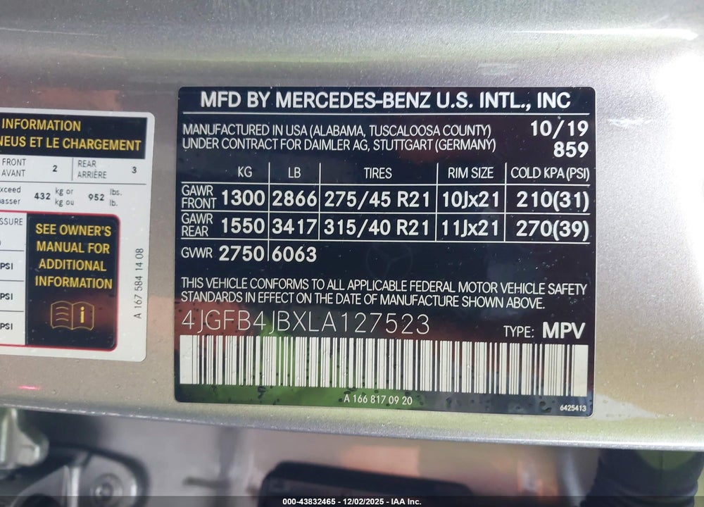 2020 MERCEDES-BENZ GLE 350 VIN: 4JGFB4JBXLA127523