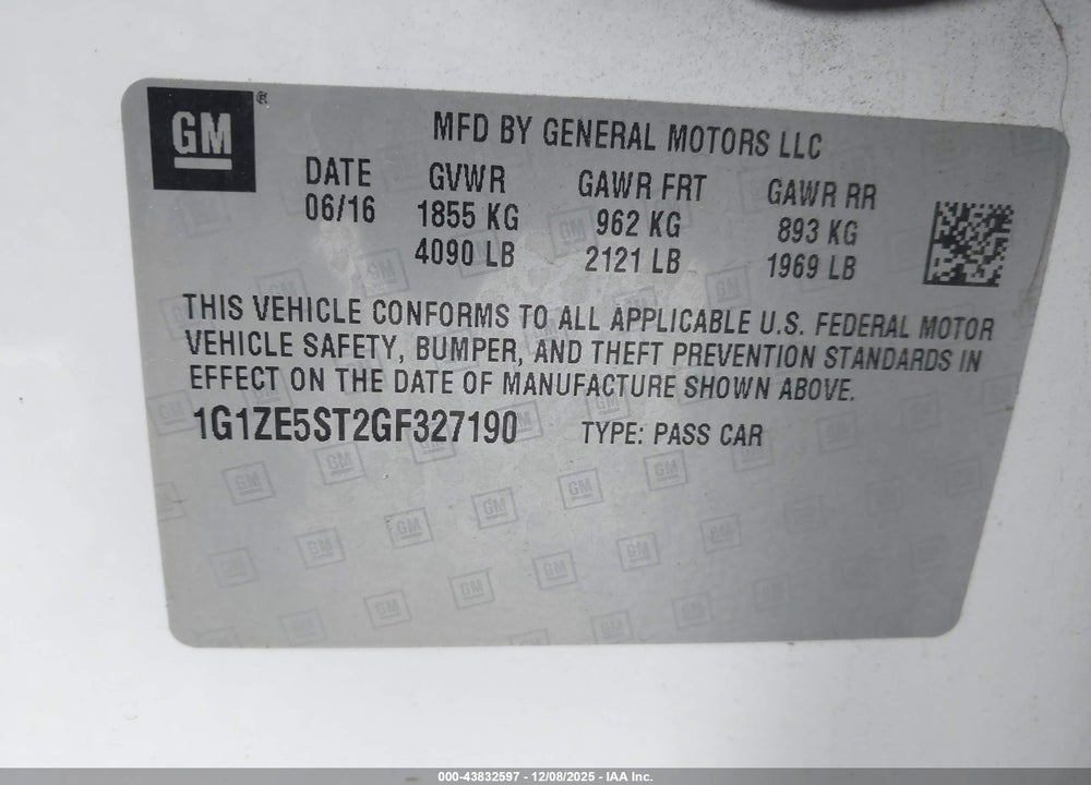 2016 CHEVROLET MALIBU 1LT VIN: 1G1ZE5ST2GF327190