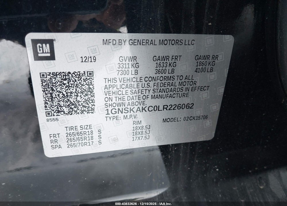 2020 CHEVROLET TAHOE 4WD LS VIN: 1GNSKAKC0LR226062