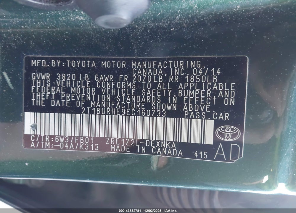 2014 TOYOTA COROLLA LE VIN: 2T1BURHE9EC160733