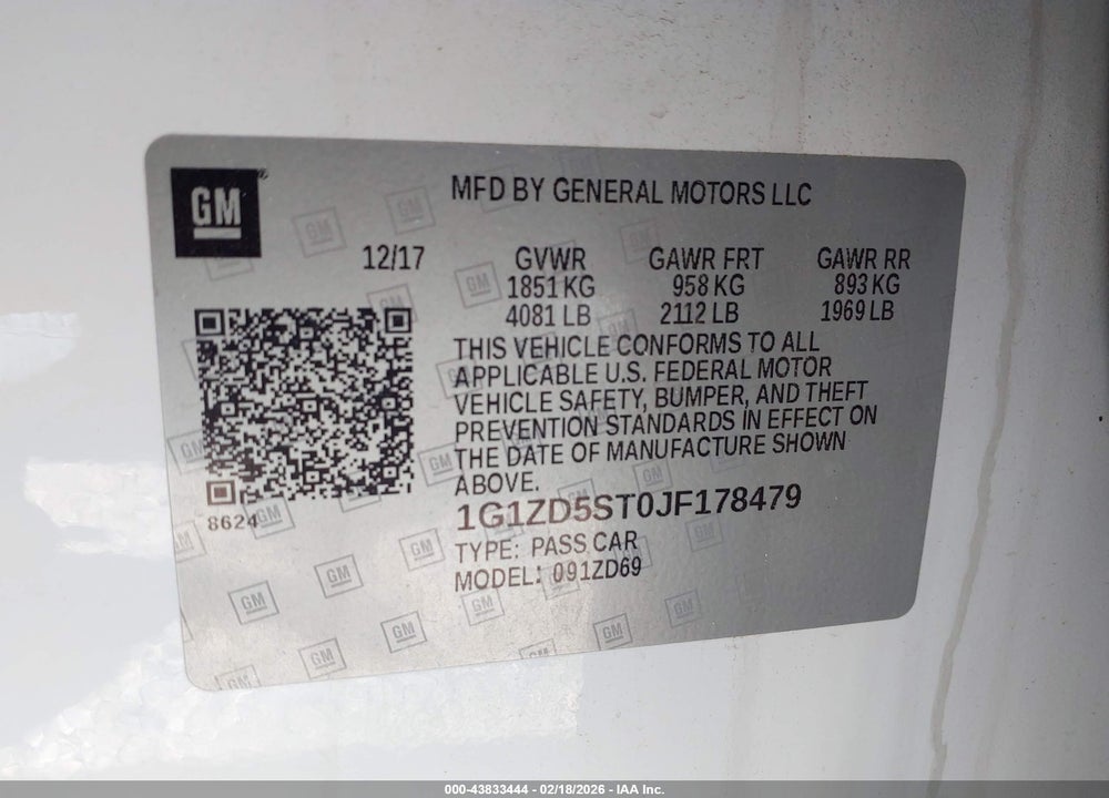 2018 CHEVROLET MALIBU LT VIN: 1G1ZD5ST0JF178479