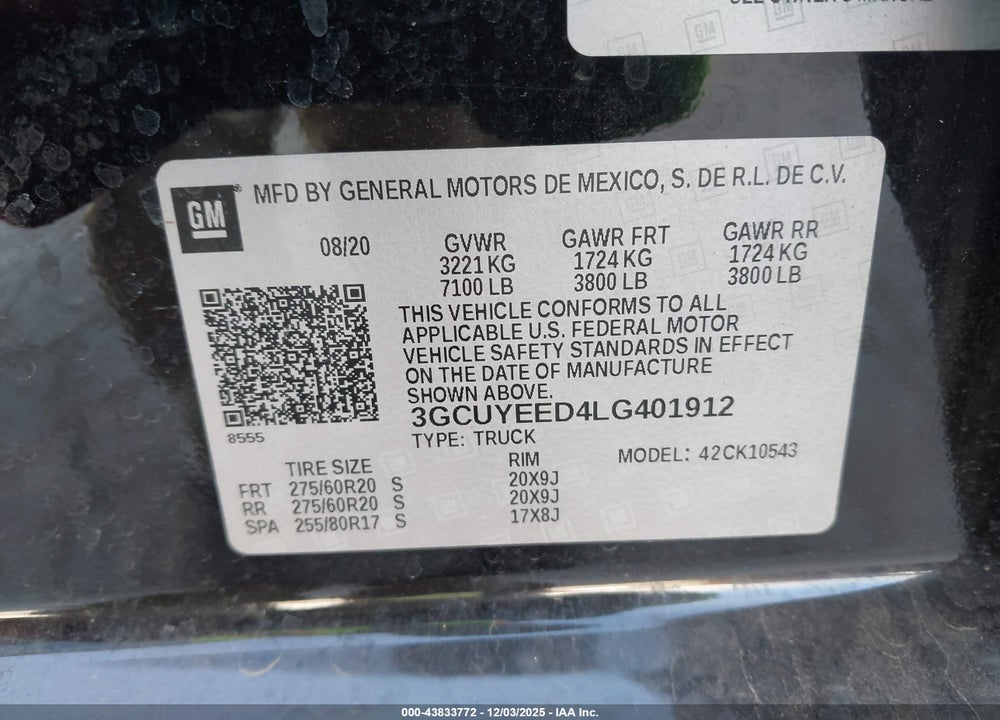2020 CHEVROLET SILVERADO 1500 4WD  SHORT BED RST VIN: 3GCUYEED4LG401912