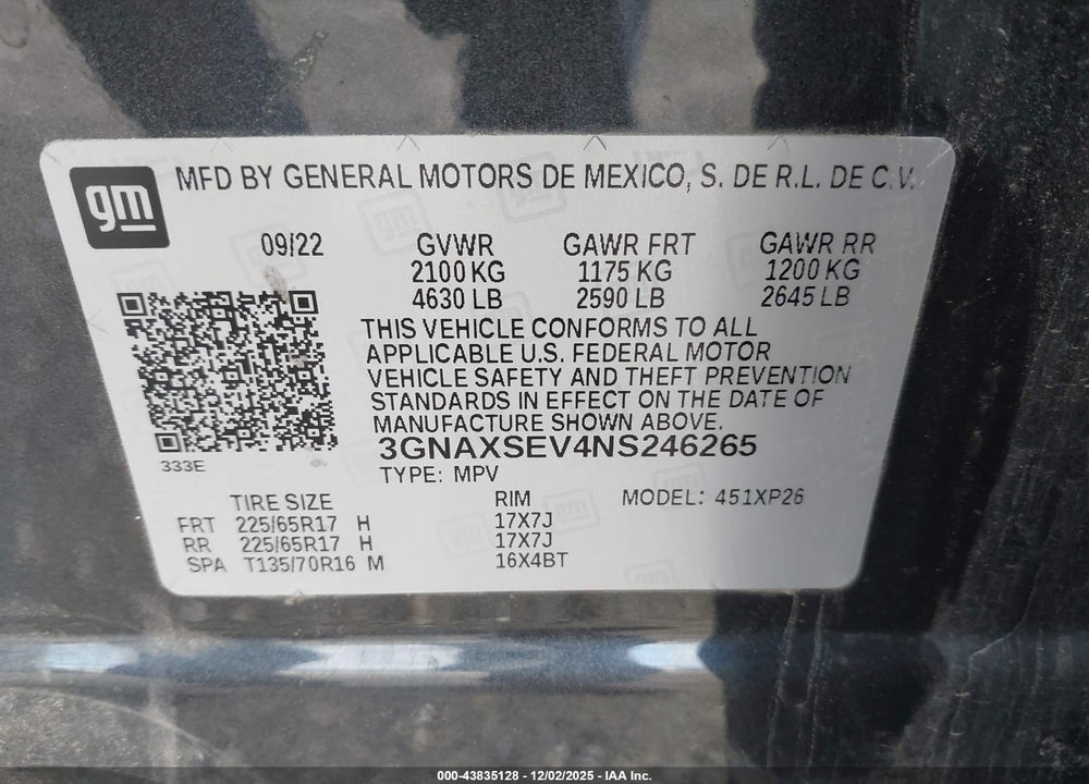 2022 CHEVROLET EQUINOX AWD LS VIN: 3GNAXSEV4NS246265