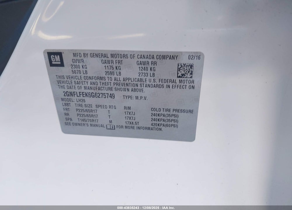 2016 CHEVROLET EQUINOX LT VIN: 2GNFLFEK6G6275749