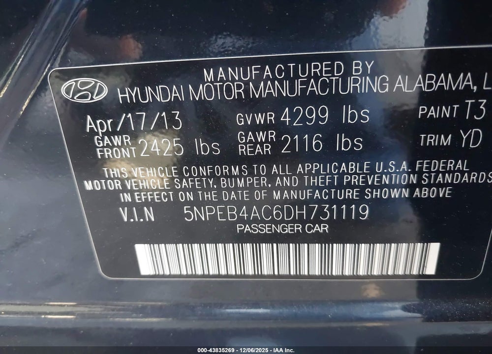 2013 HYUNDAI SONATA GLS VIN: 5NPEB4AC6DH731119