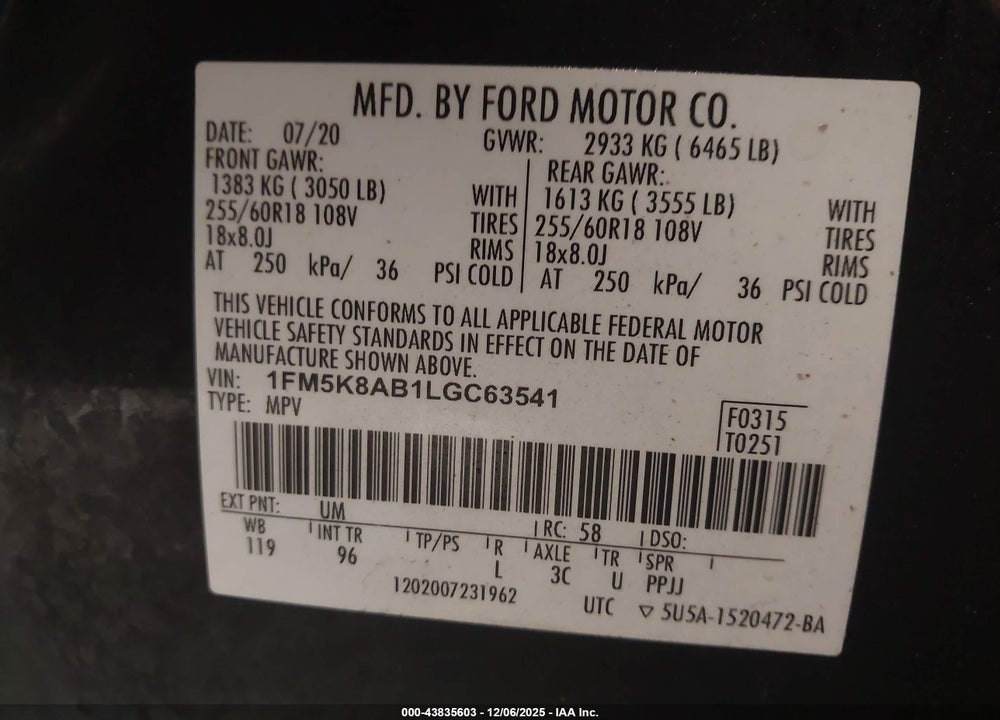2020 FORD POLICE INTERCEPTOR UTILITY VIN: 1FM5K8AB1LGC63541
