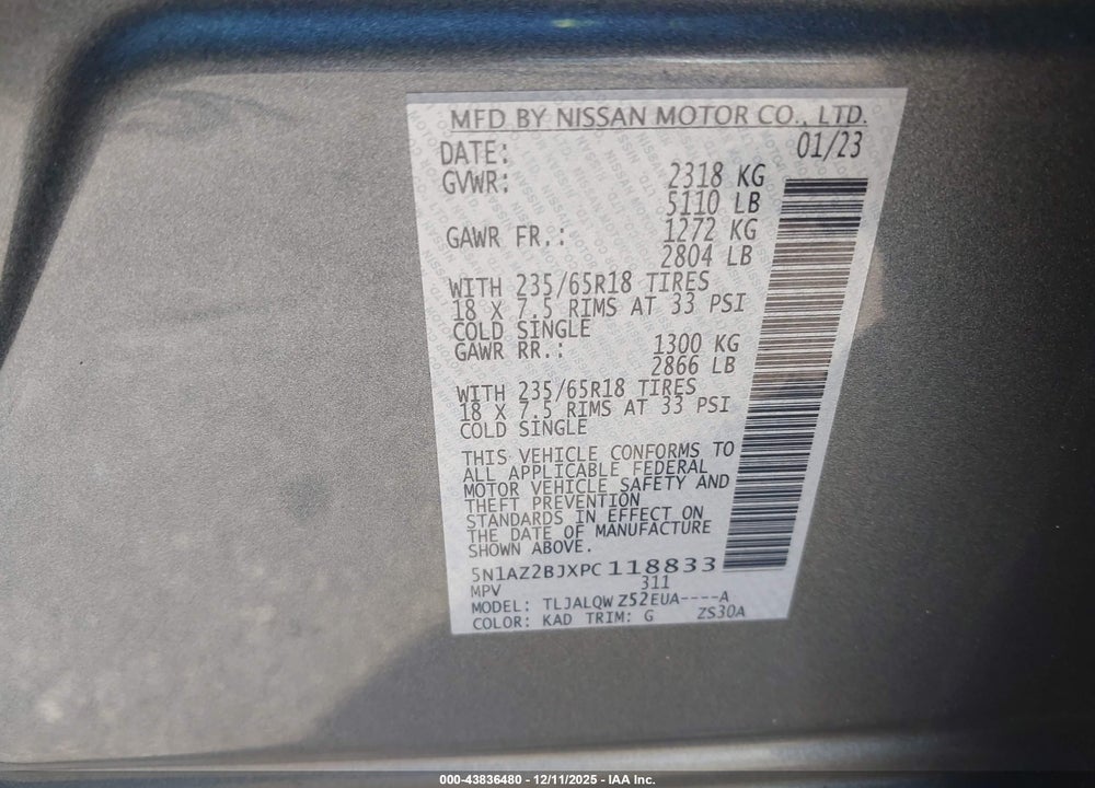 2023 NISSAN MURANO SV FWD VIN: 5N1AZ2BJXPC118833