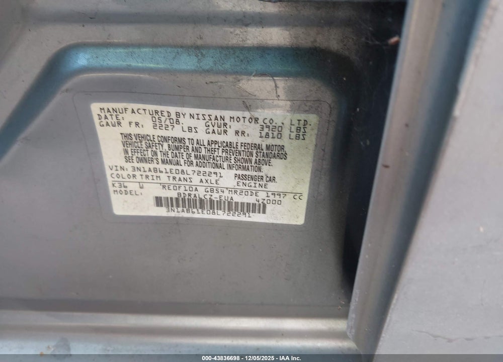 2008 NISSAN SENTRA 2.0 VIN: 3N1AB61E08L722291