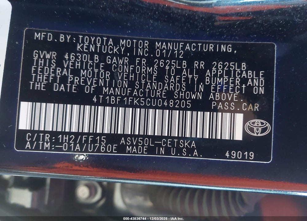 2012 TOYOTA CAMRY SE VIN: 4T1BF1FK5CU048205