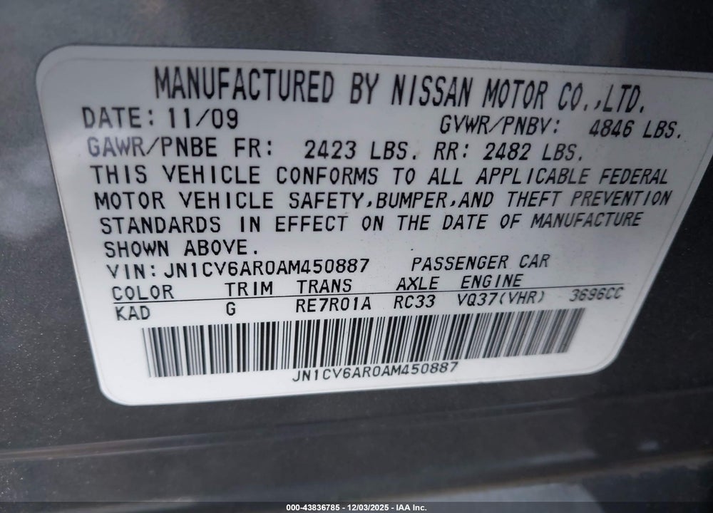 2010 INFINITI G37X VIN: JN1CV6AR0AM450887