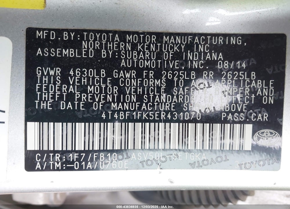 2014 TOYOTA CAMRY XLE VIN: 4T4BF1FK5ER431070