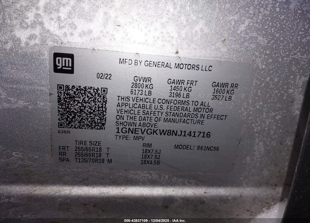 2022 CHEVROLET TRAVERSE AWD LT CLOTH VIN: 1GNEVGKW8NJ141716