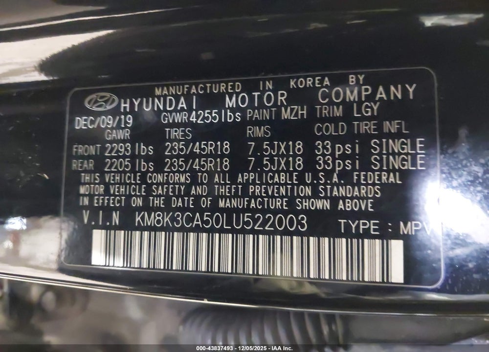 2020 HYUNDAI KONA LIMITED VIN: KM8K3CA50LU522003
