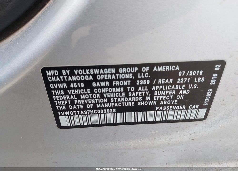 2017 VOLKSWAGEN PASSAT 1.8T SE VIN: 1VWGT7A37HC003928