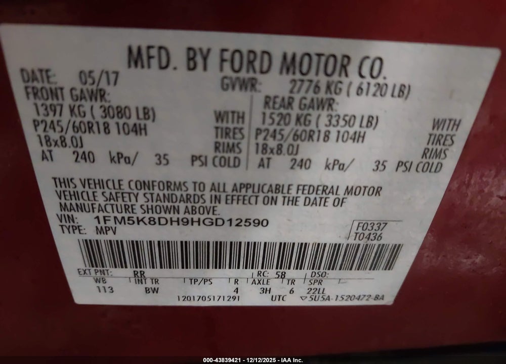 2017 FORD EXPLORER XLT VIN: 1FM5K8DH9HGD12590