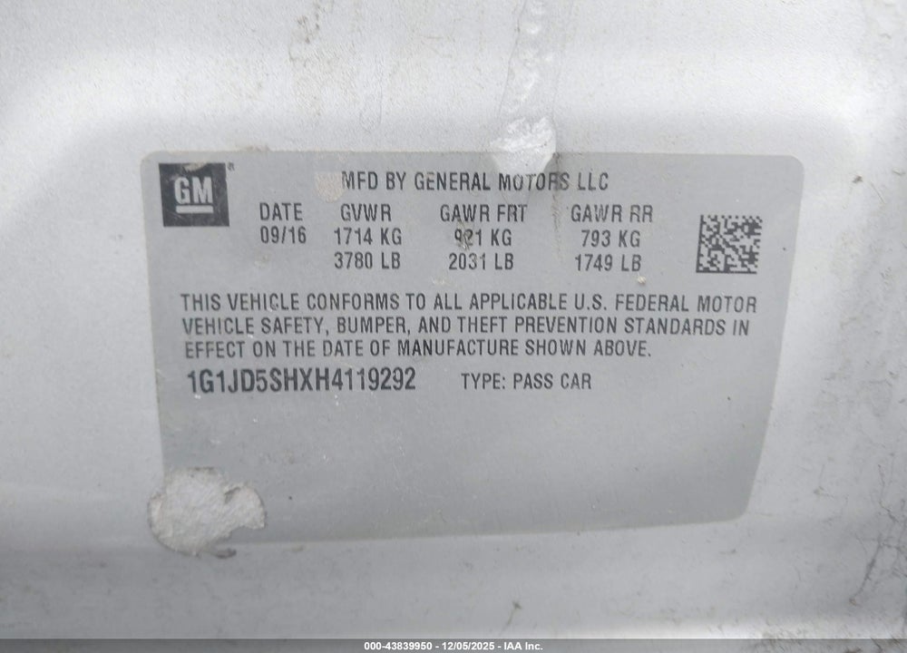 2017 CHEVROLET SONIC LT AUTO VIN: 1G1JD5SHXH4119292
