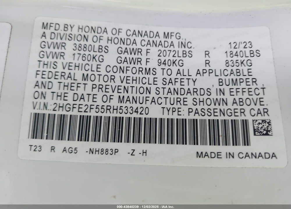 2024 HONDA CIVIC SPORT VIN: 2HGFE2F55RH533420