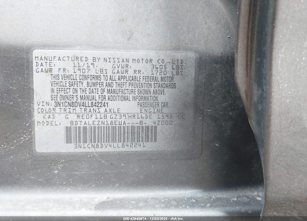 2020 NISSAN VERSA S XTRONIC CVT VIN: 3N1CN8DV4LL842241