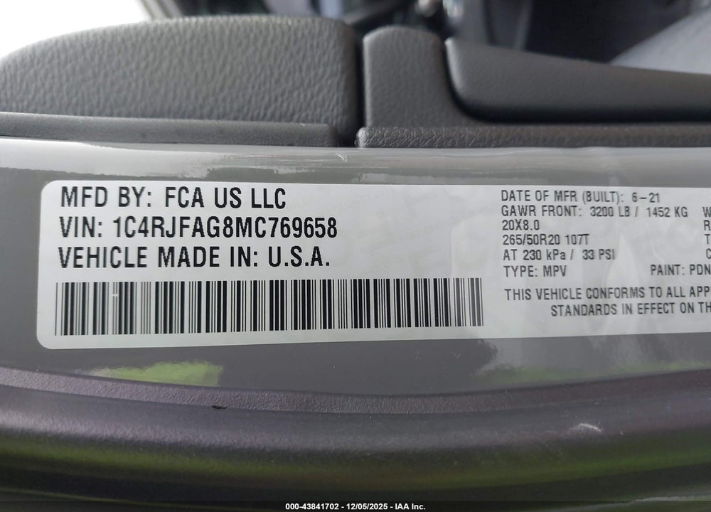 2021 JEEP GRAND CHEROKEE LAREDO X 4X4 VIN: 1C4RJFAG8MC769658